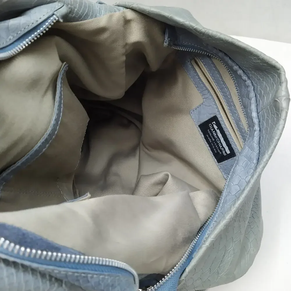 Gianni Chiarini Light Blue Leather Snakeskin Embossed Tassel Hobo Shoulder Bag